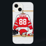 Personalized Red and White Ice Hockey Jersey Case-Mate iPhone 14 Case<br><div class="desc">A unique and fun sports design with a personalized ice hockey jersey hanging in a locker room with a helmet, ice skates and a hockey stick. The jersey can be fully personalized with the number and name of your choice to make a great gift for any ice hockey fan, ice...</div>