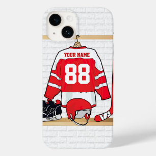 Personalized Red and White Ice Hockey Jersey Case-Mate iPhone 14 Case