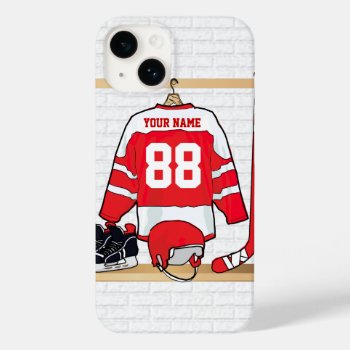 Personalized Red And White Ice Hockey Jersey Case-mate Iphone 14 Case by giftsbonanza at Zazzle