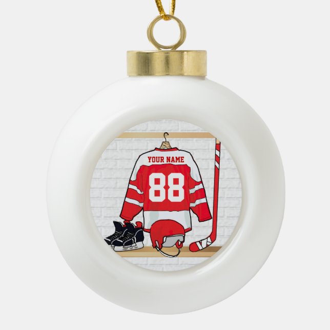 Personalized Red and White Ice Hockey Jersey Ceramic Ball Christmas Ornament (Front)