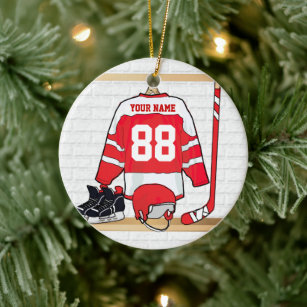 Personalized Red and White Ice Hockey Jersey Ceramic Ornament