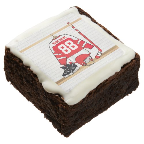 Personalized Red and White Ice Hockey Jersey Chocolate Brownie