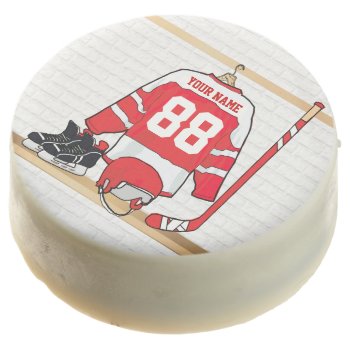 Personalized Red And White Ice Hockey Jersey Chocolate Covered Oreo by giftsbonanza at Zazzle