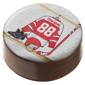 Personalized Red And White Ice Hockey Jersey Chocolate Covered Oreo by giftsbonanza at Zazzle