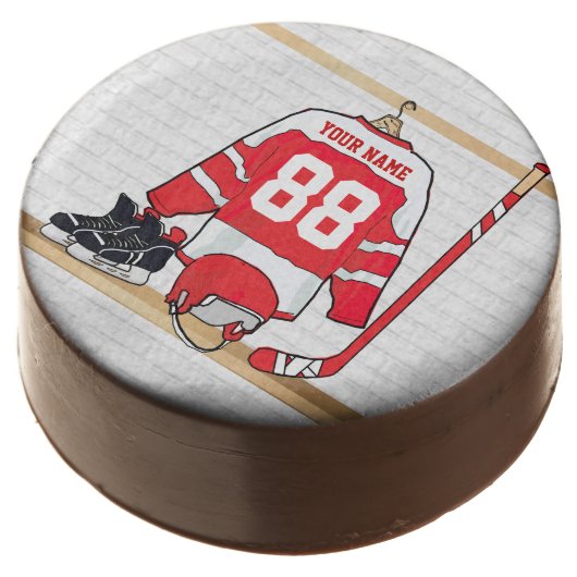 Personalized Red and White Ice Hockey Jersey Chocolate Covered Oreo (Angled)