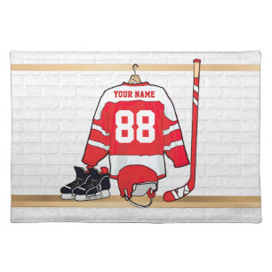 Personalized Red and White Ice Hockey Jersey Cloth Placemat
