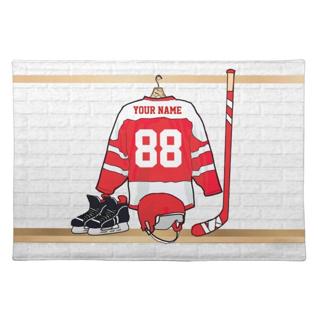 Personalized Red and White Ice Hockey Jersey Cloth Placemat (Front)