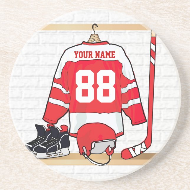 Personalized Red and White Ice Hockey Jersey Coaster (Front)