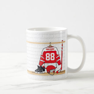 Personalized Red and White Ice Hockey Jersey Coffee Mug