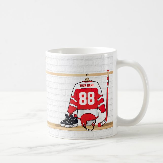 Personalized Red and White Ice Hockey Jersey Coffee Mug (Right)
