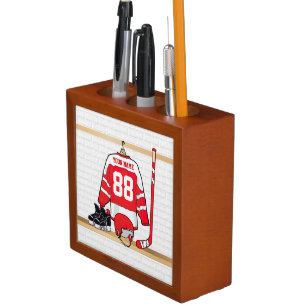 Personalized Red and White Ice Hockey Jersey Desk Organizer