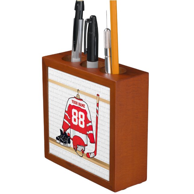Personalized Red and White Ice Hockey Jersey Desk Organizer (In Situ)