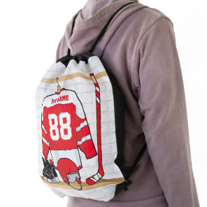 Personalized Red and White Ice Hockey Jersey Drawstring Bag