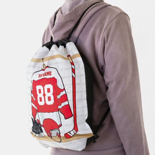 Personalized Red and White Ice Hockey Jersey Drawstring Bag