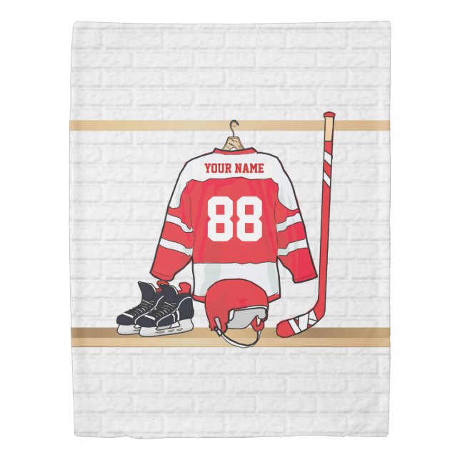 Personalized Red and White Ice Hockey Jersey Duvet Cover (Front)
