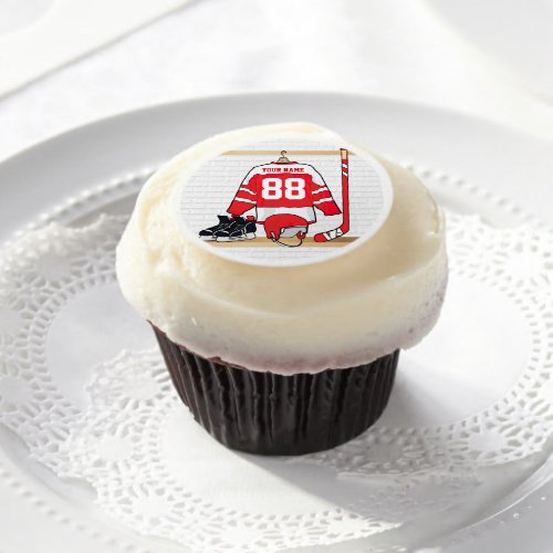 Personalized Red and White Ice Hockey Jersey Edible Frosting Rounds