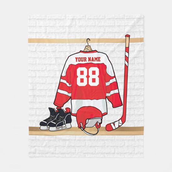 Personalized Red and White Ice Hockey Jersey Fleece Blanket