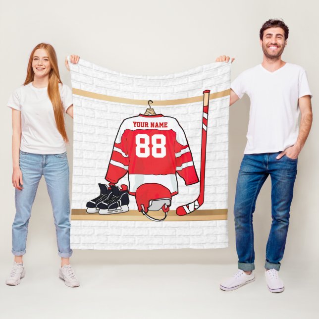 Personalized Red and White Ice Hockey Jersey Fleece Blanket (In Situ)