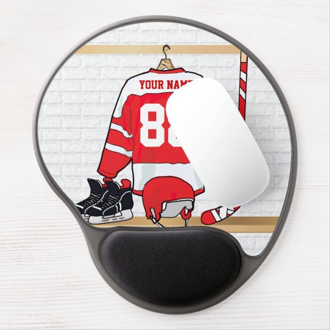 Personalized Red and White Ice Hockey Jersey Gel Mouse Pad (Left Side)