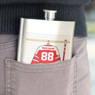 Personalized Red and White Ice Hockey Jersey Hip Flask