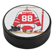 Personalized Red and White Ice Hockey Jersey Hockey Puck Personalized Red and White Ice Hockey Jersey Hockey Puck