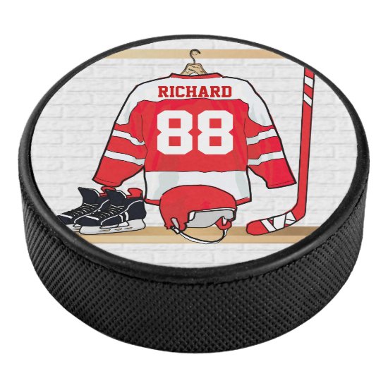 Personalized Red and White Ice Hockey Jersey Hockey Puck