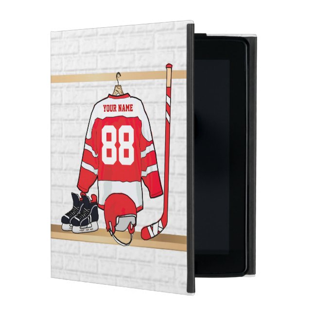 Personalized Red and White Ice Hockey Jersey iPad Folio Case (Front)