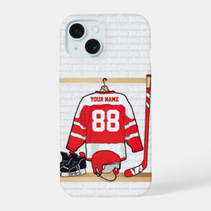 Personalized Red and White Ice Hockey Jersey iPhone 15 Case