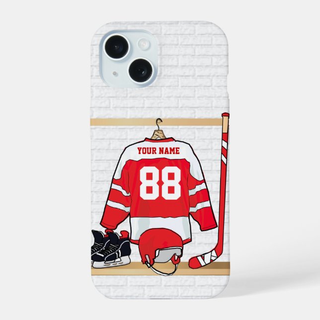 Personalized Red and White Ice Hockey Jersey iPhone 15 Case (Back)