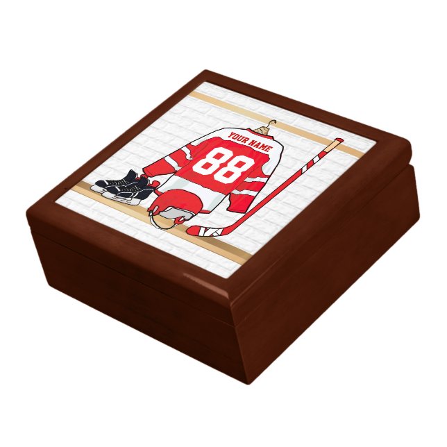 Personalized Red and White Ice Hockey Jersey Jewelry Box (Side)