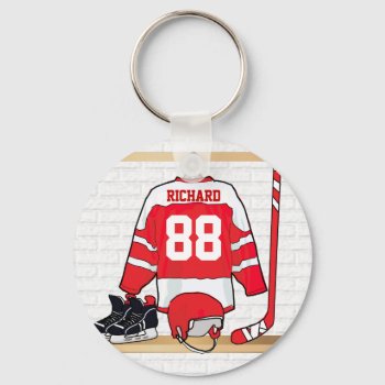 Personalized Red And White Ice Hockey Jersey Keychain by giftsbonanza at Zazzle