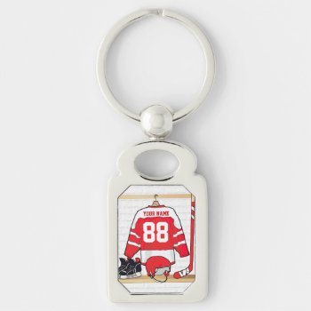 Personalized Red And White Ice Hockey Jersey Keychain by giftsbonanza at Zazzle
