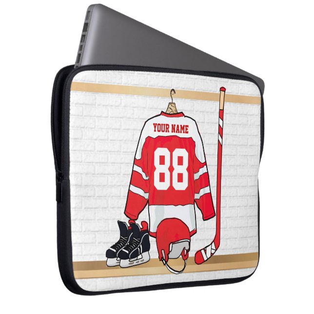 Personalized Red and White Ice Hockey Jersey Laptop Sleeve (Front Right)