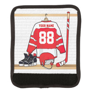 Personalized Red and White Ice Hockey Jersey Luggage Handle Wrap