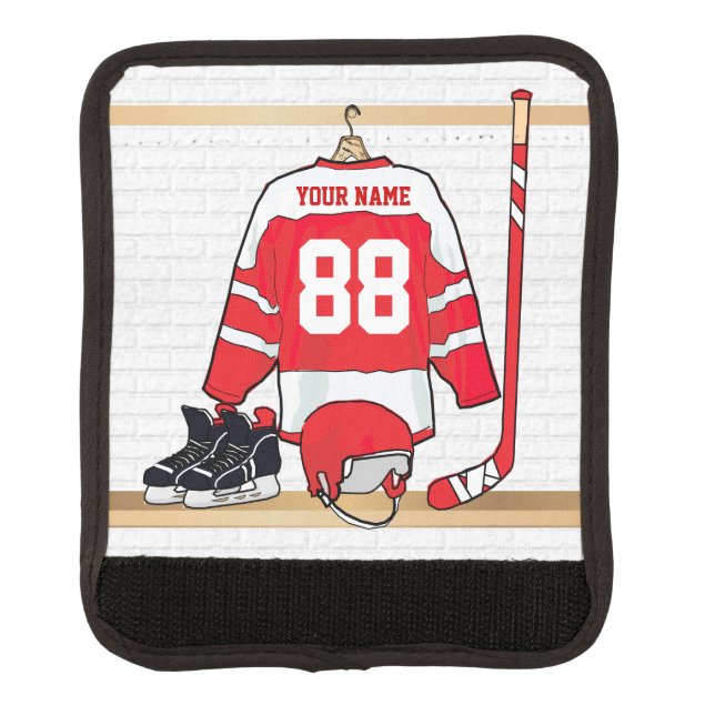 Personalized Red and White Ice Hockey Jersey Luggage Handle Wrap (Front)