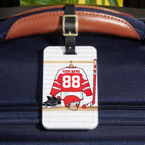 Personalized Red and White Ice Hockey Jersey Luggage Tag