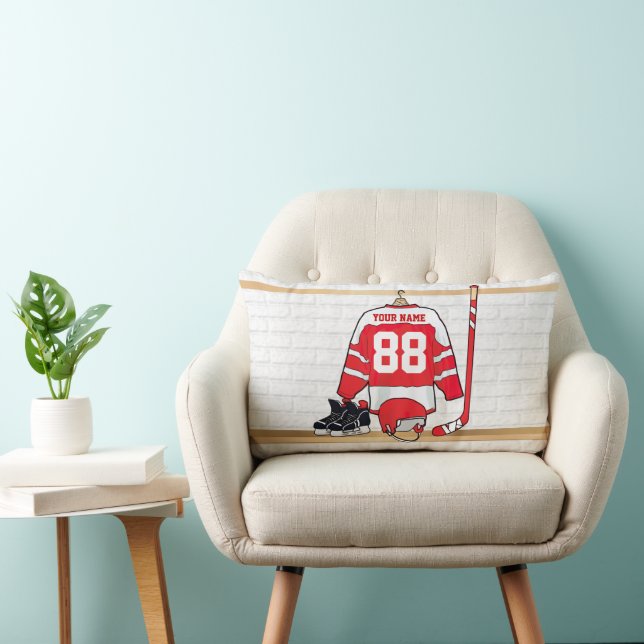 Personalized Red and White Ice Hockey Jersey Lumbar Pillow (Chair)