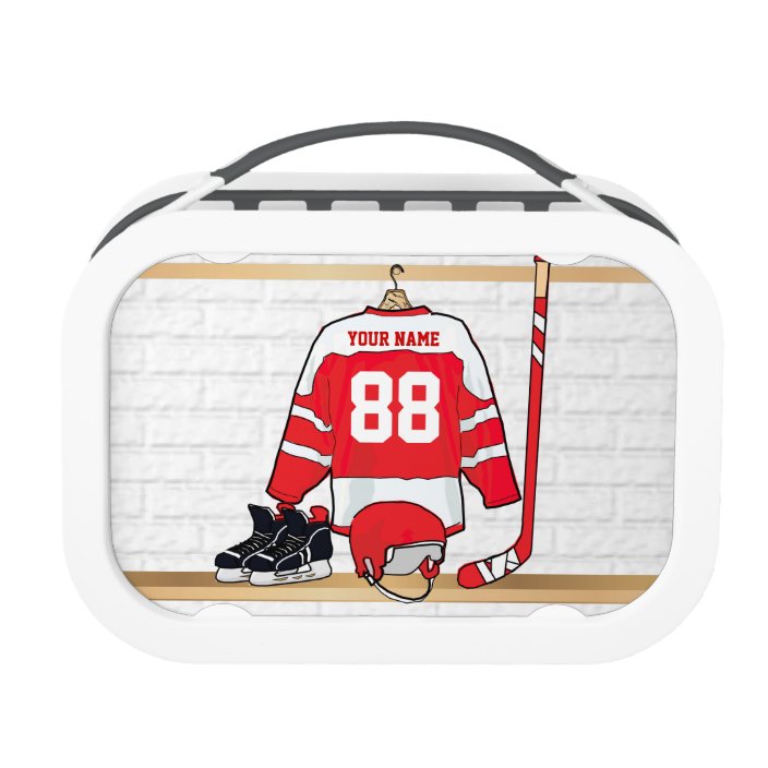 Personalized Red and White Ice Hockey Jersey Lunch Box