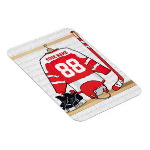 Personalized Red and White Ice Hockey Jersey Magnet