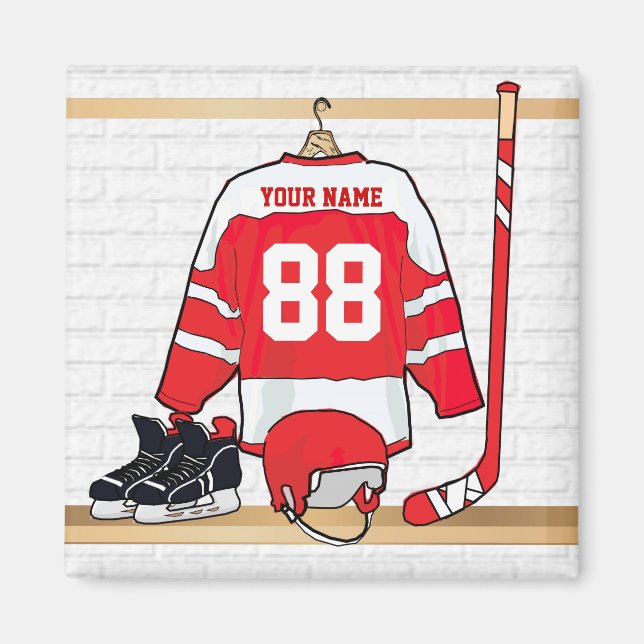 Personalized Red and White Ice Hockey Jersey Magnet (Front)