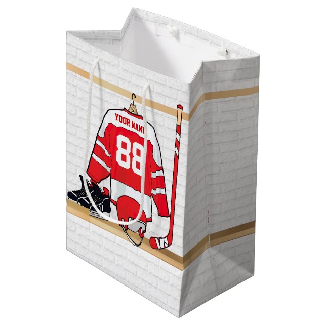 Personalized Red and White Ice Hockey Jersey Medium Gift Bag (Front Angled)