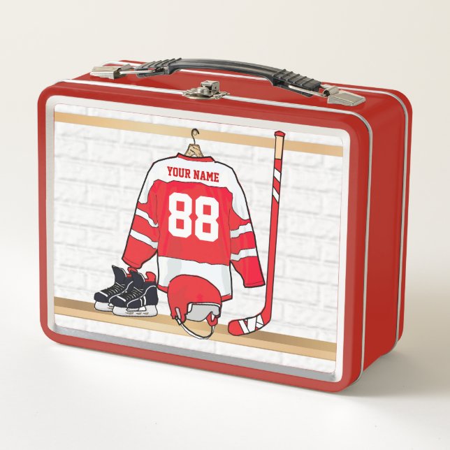 Personalized Red and White Ice Hockey Jersey Metal Lunch Box (Front)