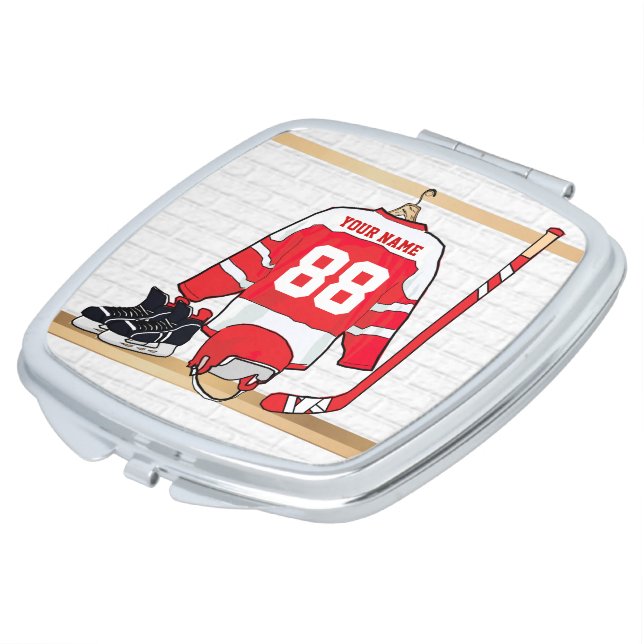 Personalized Red and White Ice Hockey Jersey Mirror For Makeup (Turned)