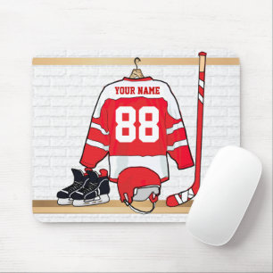 Personalized Red and White Ice Hockey Jersey Mouse Pad