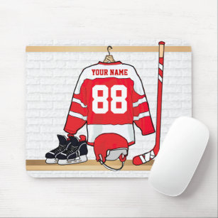 Personalized Red and White Ice Hockey Jersey Mouse Pad