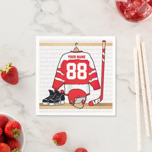 Personalized Red and White Ice Hockey Jersey Napkins