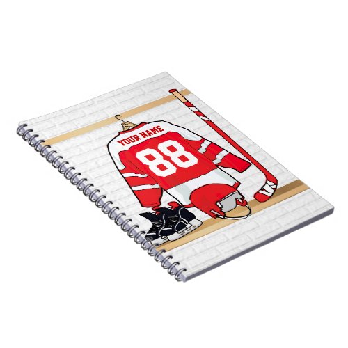 Personalized Red and White Ice Hockey Jersey Notebook