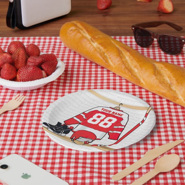 Personalized Red and White Ice Hockey Jersey Paper Plates (Picnic)