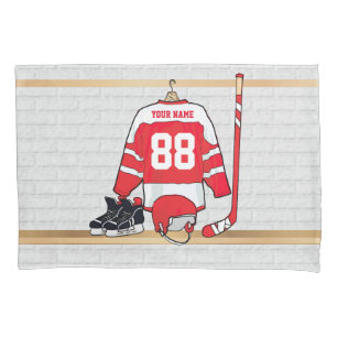 Personalized Red and White Ice Hockey Jersey Pillow Case