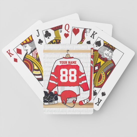Personalized Red and White Ice Hockey Jersey Playing Cards